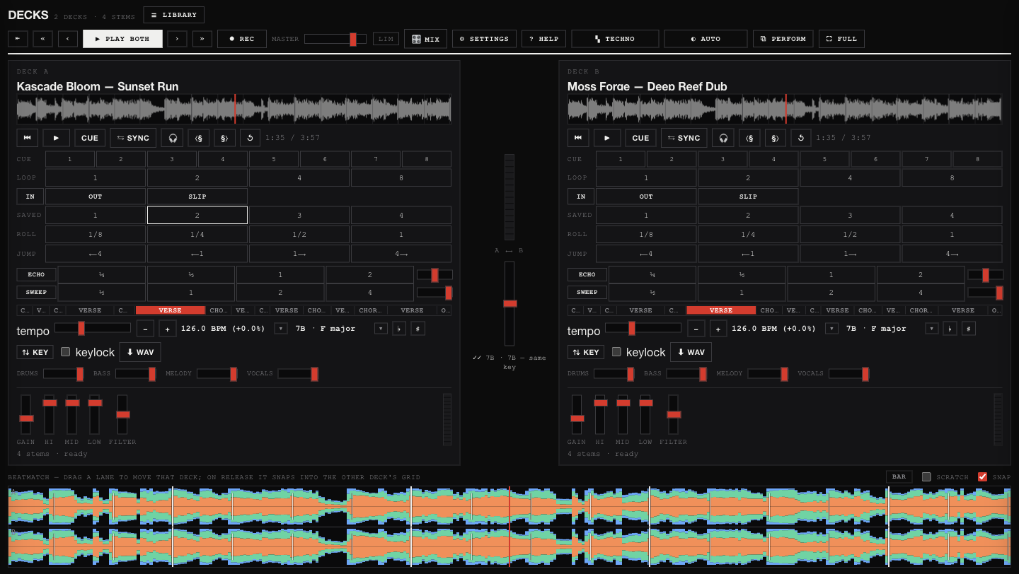 The Decks two-deck mixer: two waveform decks flanking a crossfader, with a beatmatch view below.